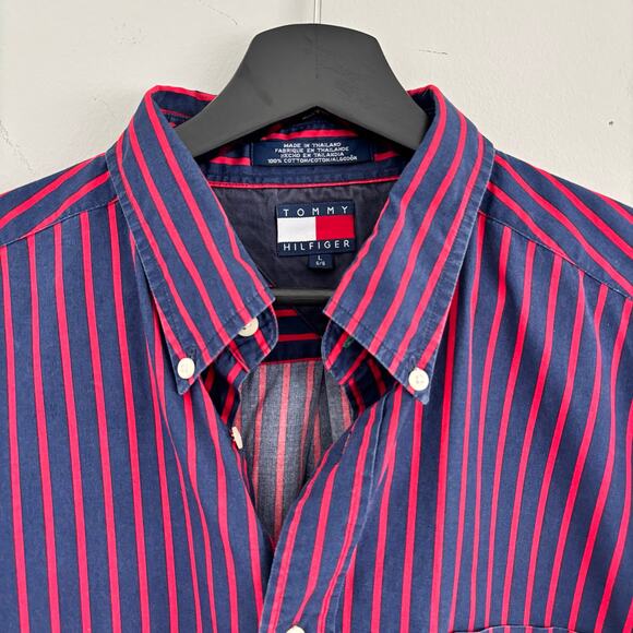 Tommy Hilfiger Red Blue Striped Short Sleeve Button Down Size L - Picture 1 of 6